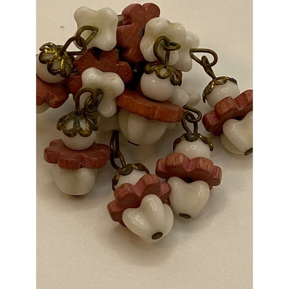 Vintage West Germany Clip-On Earrings W/ White & Red Bead Dangle Flowers Brass A - Picture 8 of 9